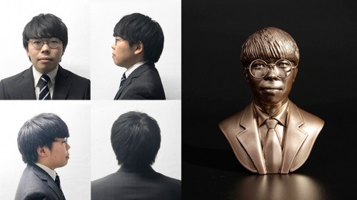 4方向からの写真と、3Dプリントした銅像