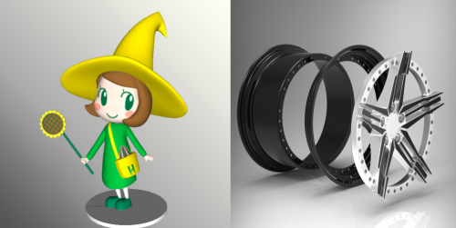 女性キャラクターとホイールの3Dデータ