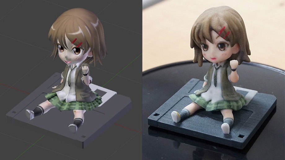 キャラクターの3Dモデルと、3Dプリントされたフィギュア