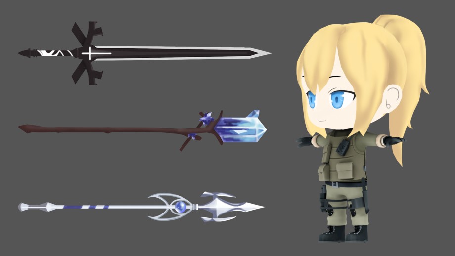 キャラクター衣装と武器の小道具の3Dモデル