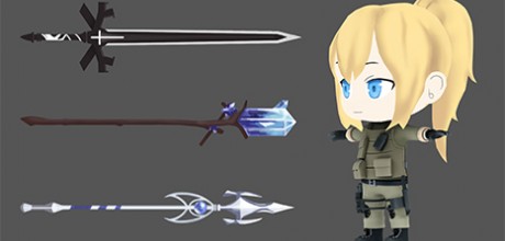 ゲームの武器とキャラクターの3Dモデル